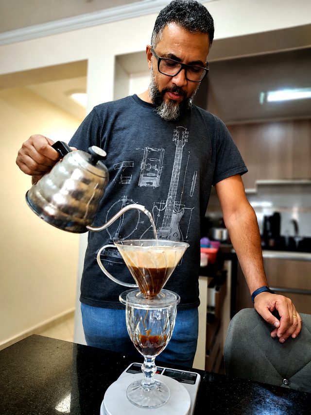 Preparo do café à mão, com atenção a cada detalhe