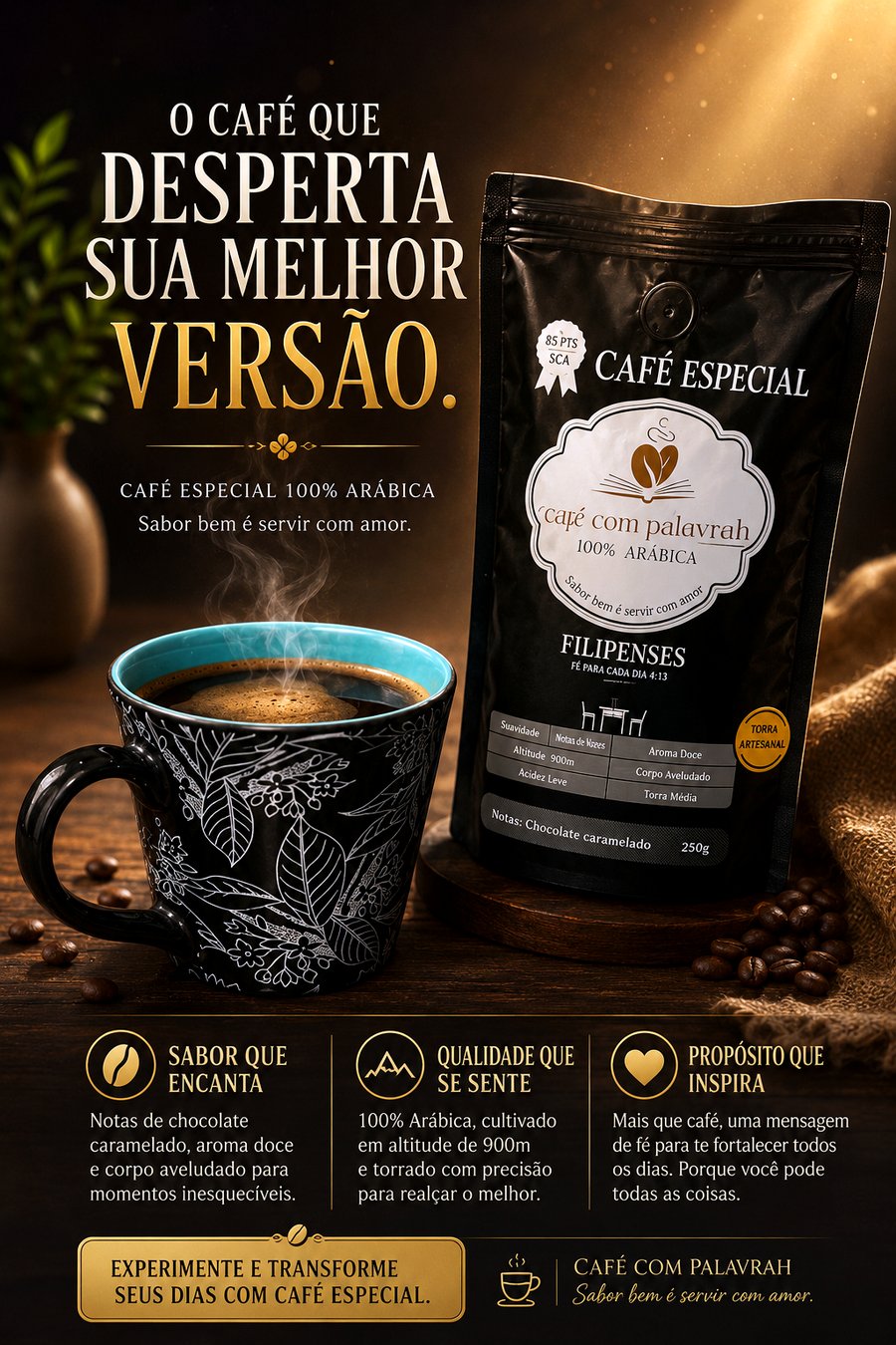 Café Filipenses — o café que desperta sua melhor versão. Café especial 100% arábica, sabor bem é servir com amor.